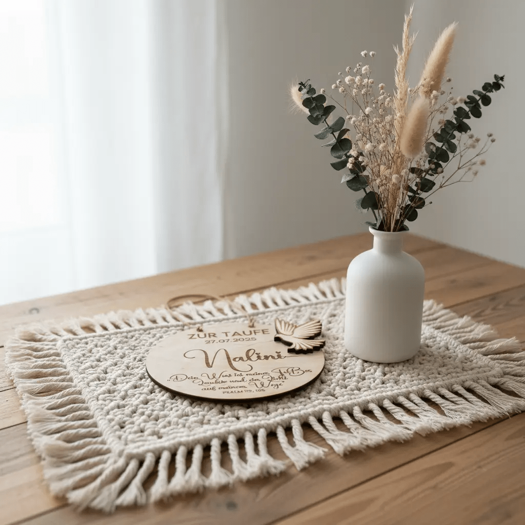 Taufgeschenk Friedenstaube aus Holz personalisiert – In der Geschenkverpackung