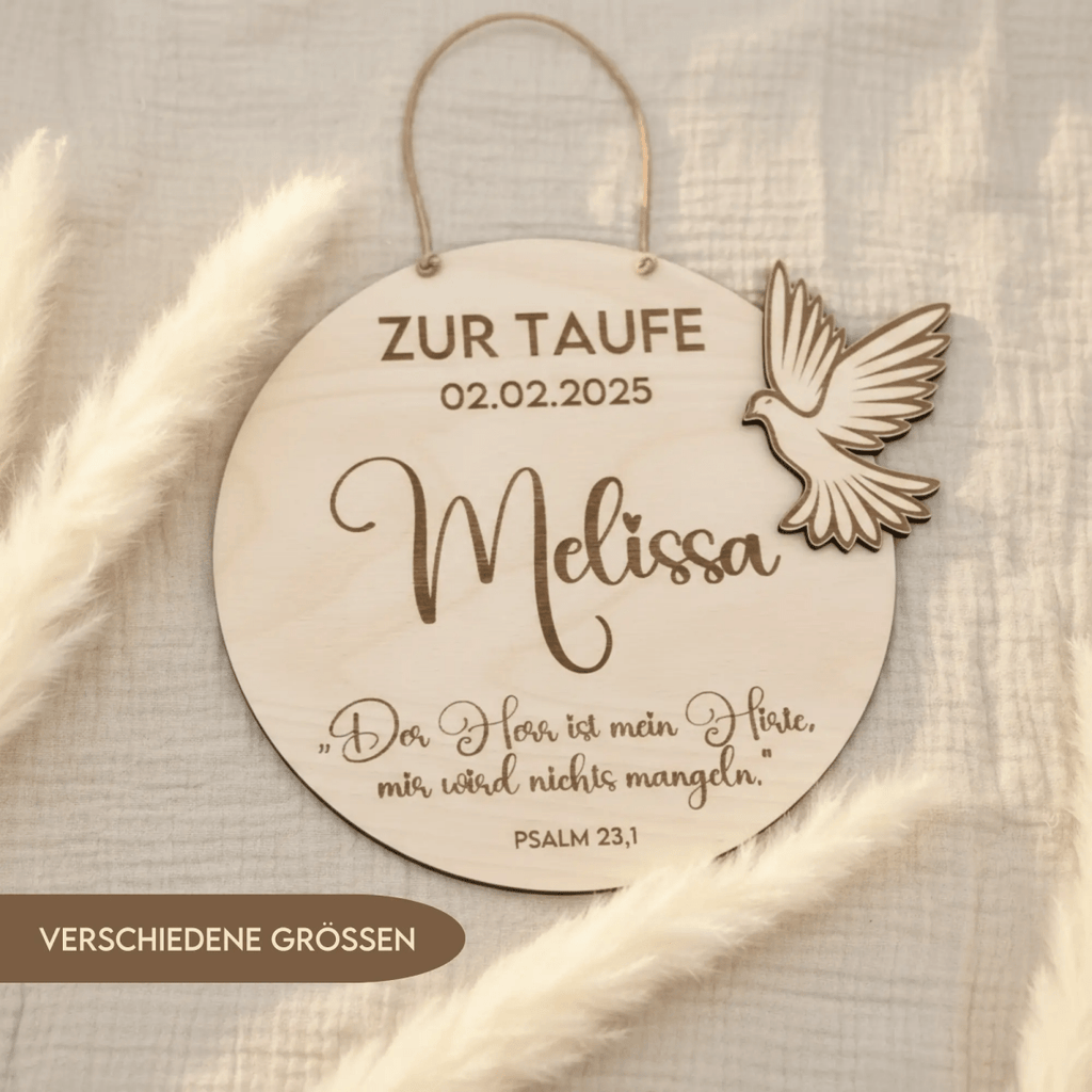 Personalisiertes Geschenk zur Taufe als Taufschild mit Friedenstaube - LaserArt Germany