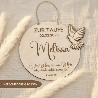 Personalisiertes Geschenk zur Taufe als Taufschild mit Friedenstaube - LaserArt Germany