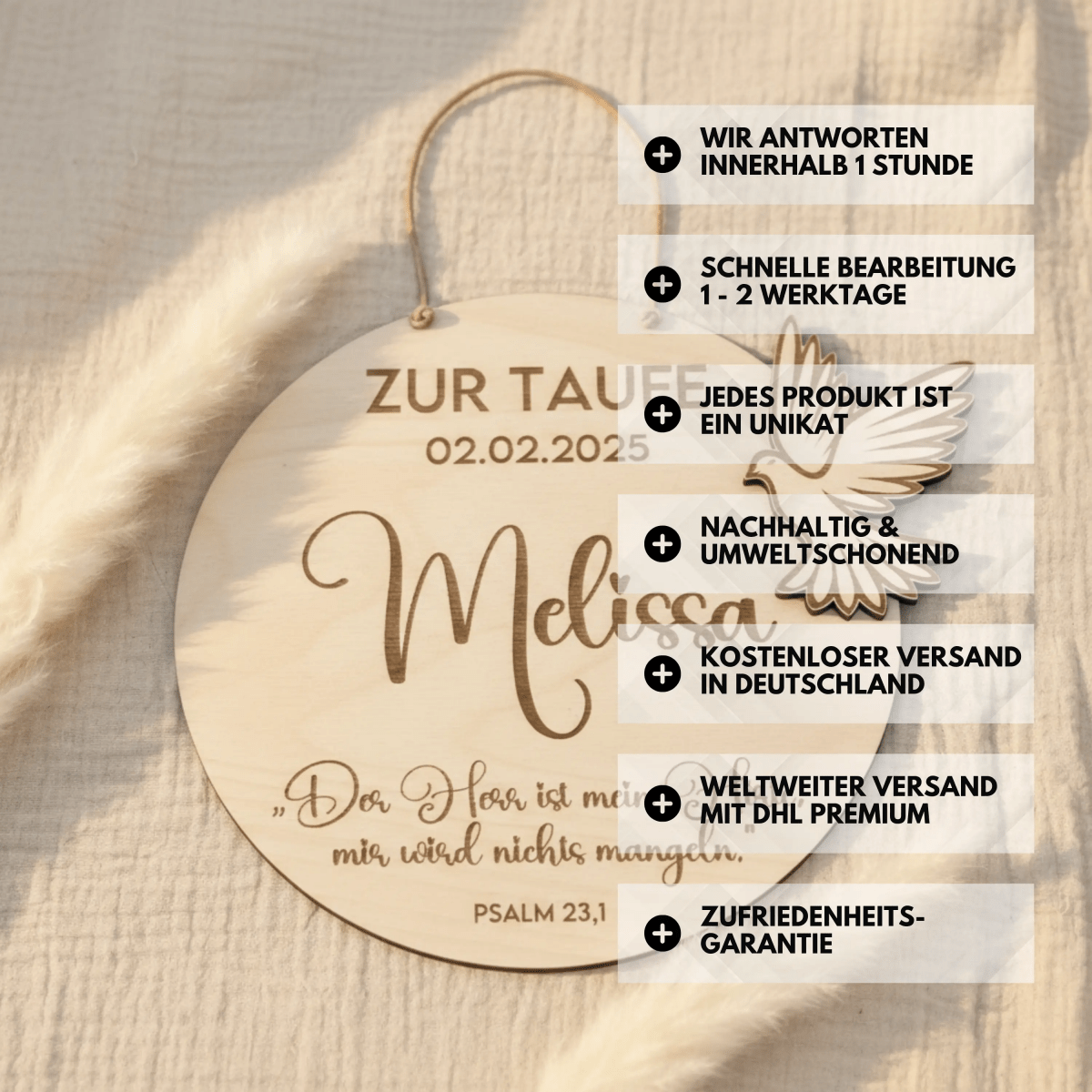 Taufgeschenk Friedenstaube aus Holz personalisiert – Nahaufnahme der Taubensilhouette