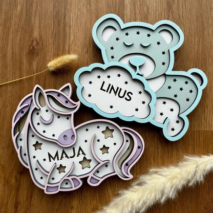 Personalisiertes Schlummerlicht aus Bär personalisiert | Mond - Design verschiedene Farben - LaserArt Germany