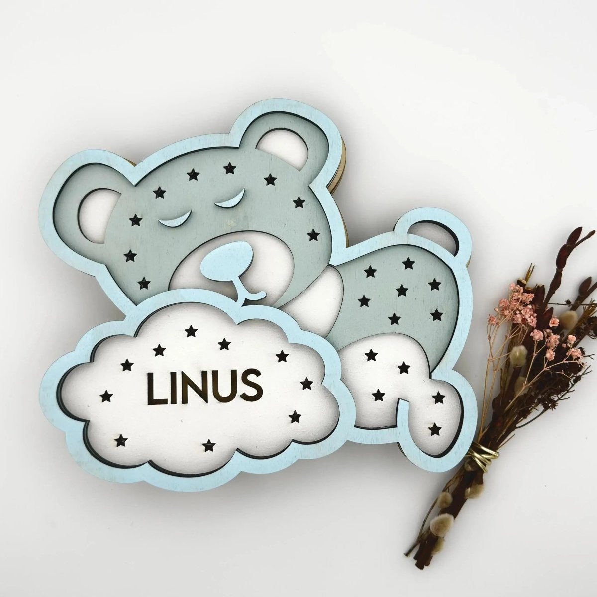 Personalisiertes Schlummerlicht aus Bär personalisiert | Mond - Design verschiedene Farben - LaserArt Germany