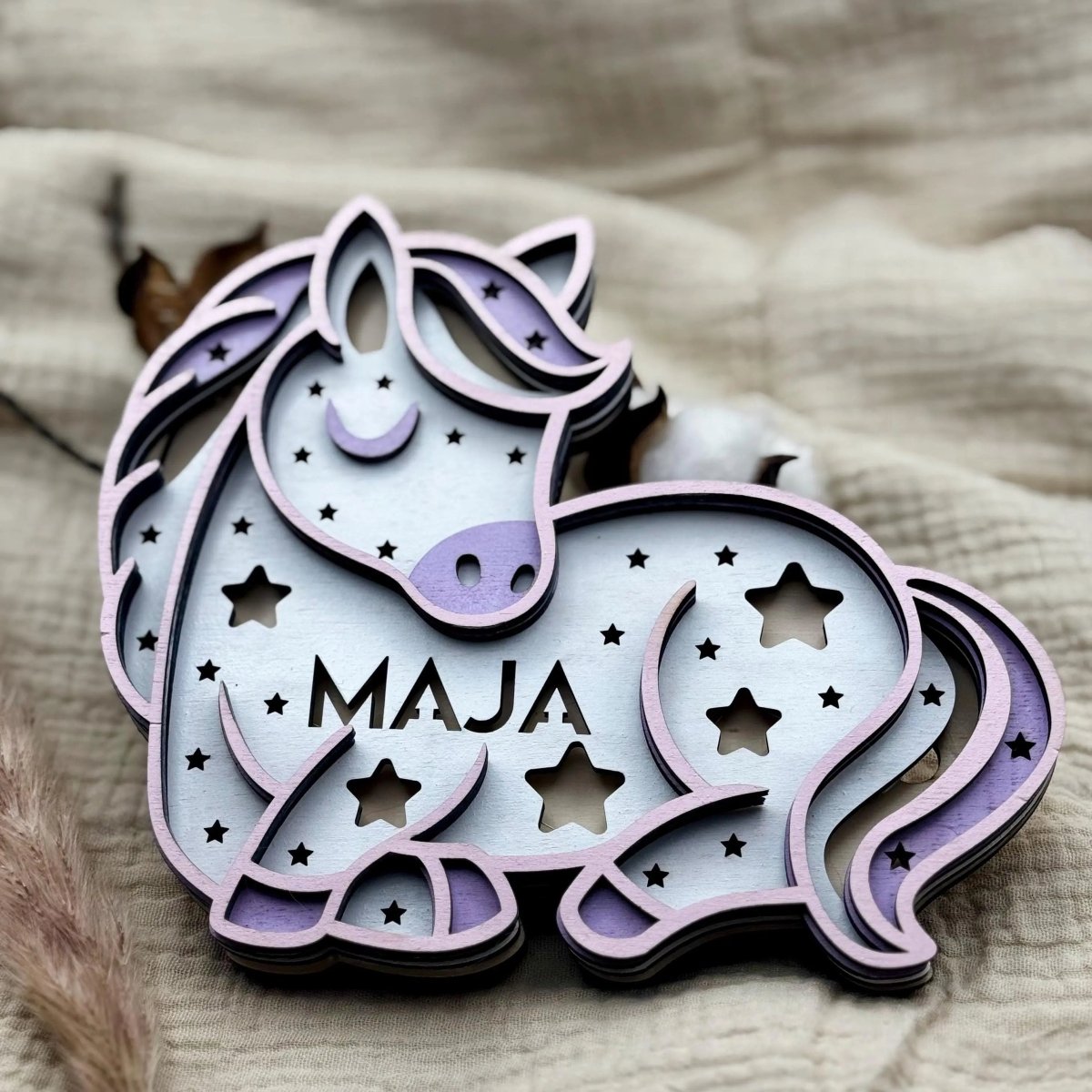 Personalisiertes Schlummerlicht aus Holz personalisiert | Einhorn - Design verschiedene Farben - LaserArt Germany