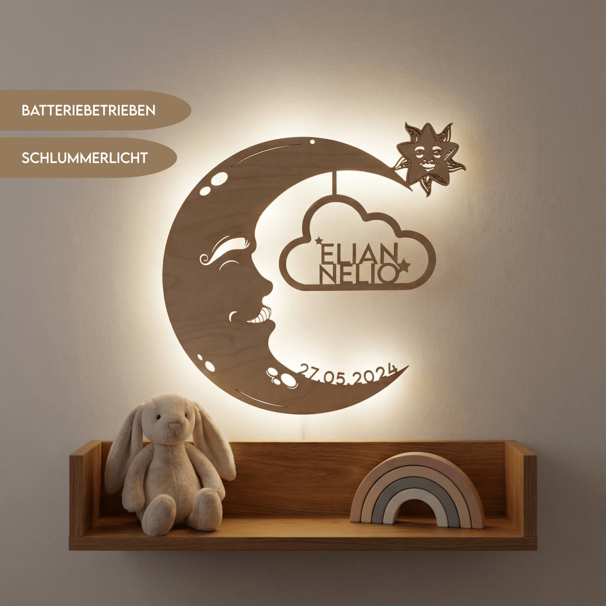Personalisiertes Schlummerlicht aus Holz personalisiert | Mond - Design verschiedene Farben - LaserArt Germany