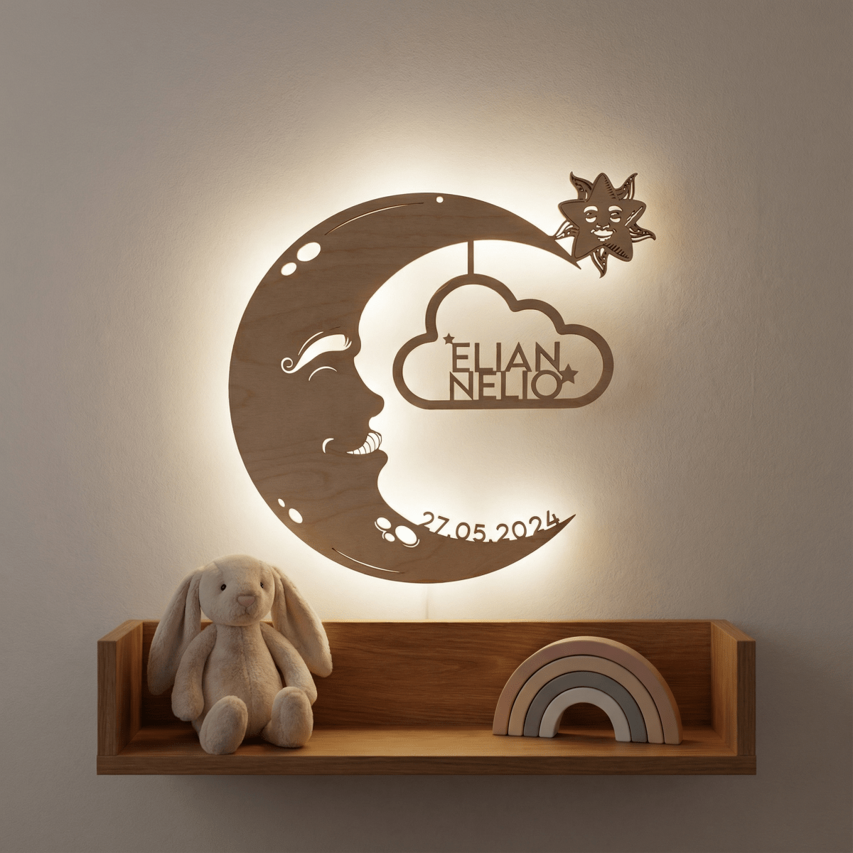 Personalisiertes Schlummerlicht aus Holz personalisiert | Mond - Design verschiedene Farben - LaserArt Germany