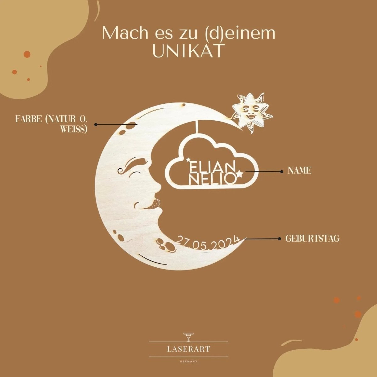 Personalisiertes Schlummerlicht aus Holz personalisiert | Mond - Design verschiedene Farben - LaserArt Germany