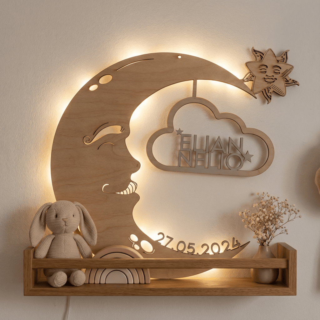 Personalisiertes Schlummerlicht aus Holz personalisiert | Mond - Design verschiedene Farben - LaserArt Germany