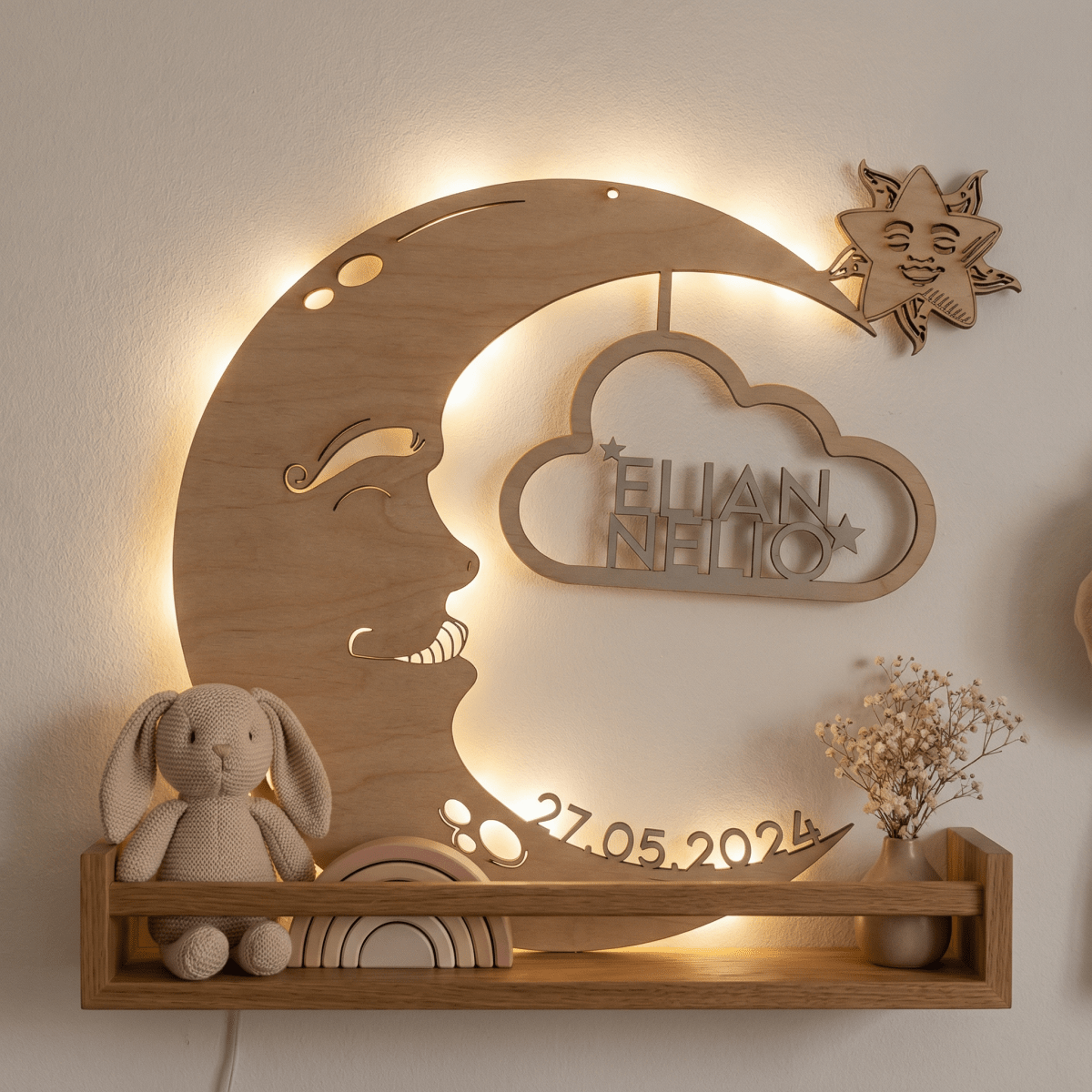 Personalisiertes Schlummerlicht aus Holz personalisiert | Mond - Design verschiedene Farben - LaserArt Germany