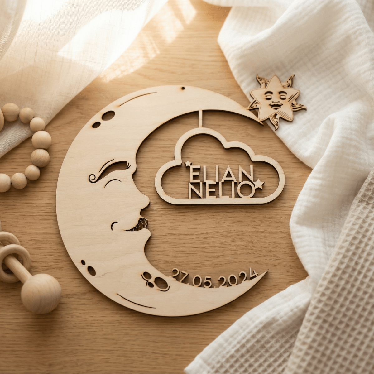 Personalisiertes Schlummerlicht aus Holz personalisiert | Mond - Design verschiedene Farben - LaserArt Germany