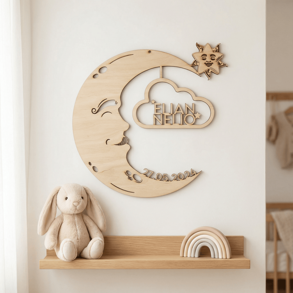 Personalisiertes Schlummerlicht aus Holz personalisiert | Mond - Design verschiedene Farben - LaserArt Germany