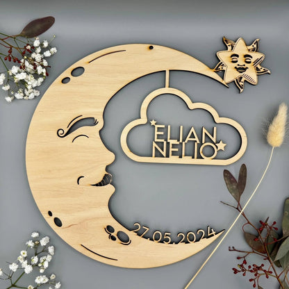 Personalisiertes Schlummerlicht aus Holz personalisiert | Mond - Design verschiedene Farben - LaserArt Germany