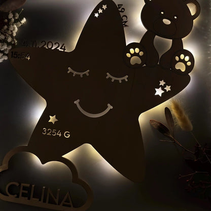 Personalisiertes Schlummerlicht aus Holz personalisiert | Stern - Design verschiedene Farben - LaserArt Germany