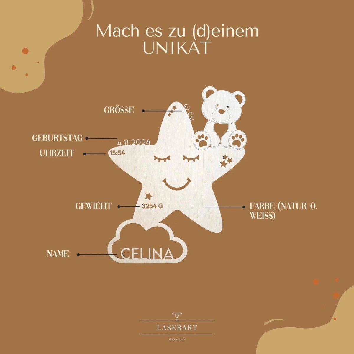 Personalisiertes Schlummerlicht aus Holz personalisiert | Stern - Design verschiedene Farben - LaserArt Germany