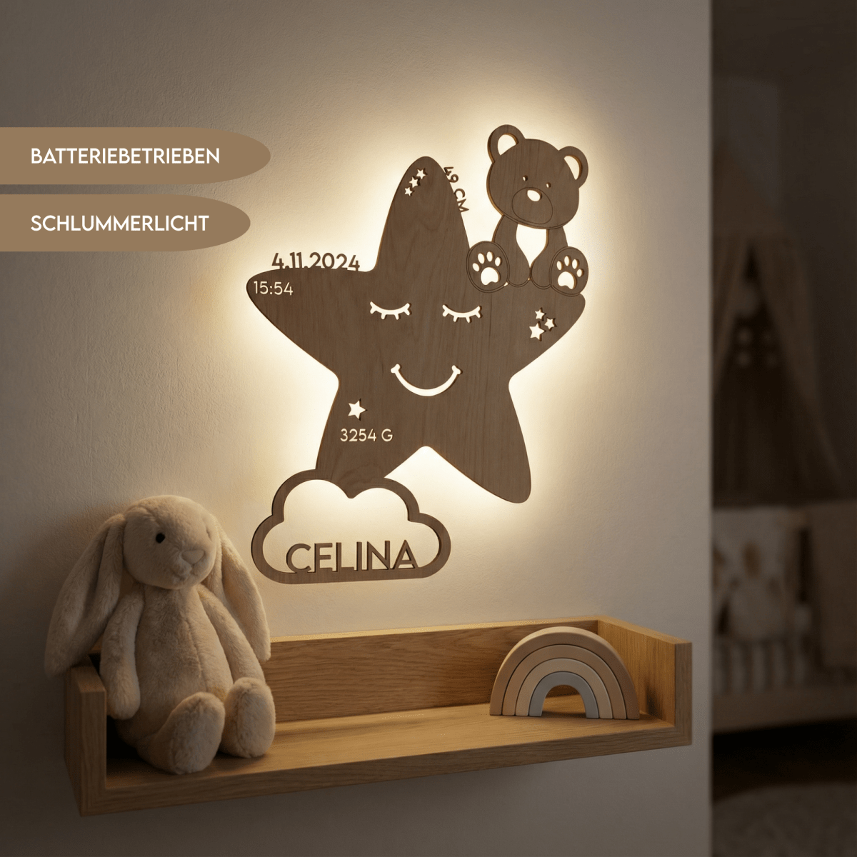 Personalisiertes Schlummerlicht aus Holz personalisiert | Stern - Design verschiedene Farben - LaserArt Germany