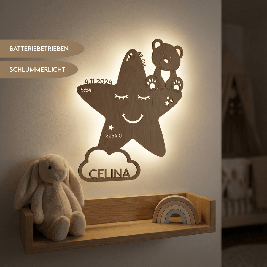 Personalisiertes Schlummerlicht aus Holz personalisiert | Stern - Design verschiedene Farben - LaserArt Germany