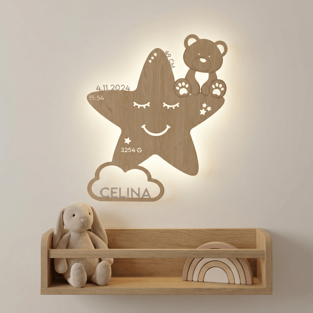 Personalisiertes Schlummerlicht aus Holz personalisiert | Stern - Design verschiedene Farben - LaserArt Germany