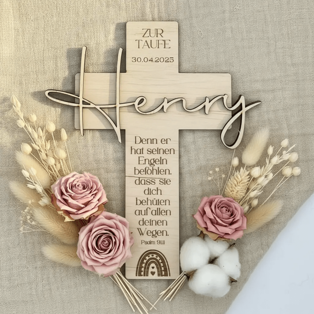 Personalisiertes Taufkreuz aus Holz | Erinnerung an die Taufe - LaserArt Germany