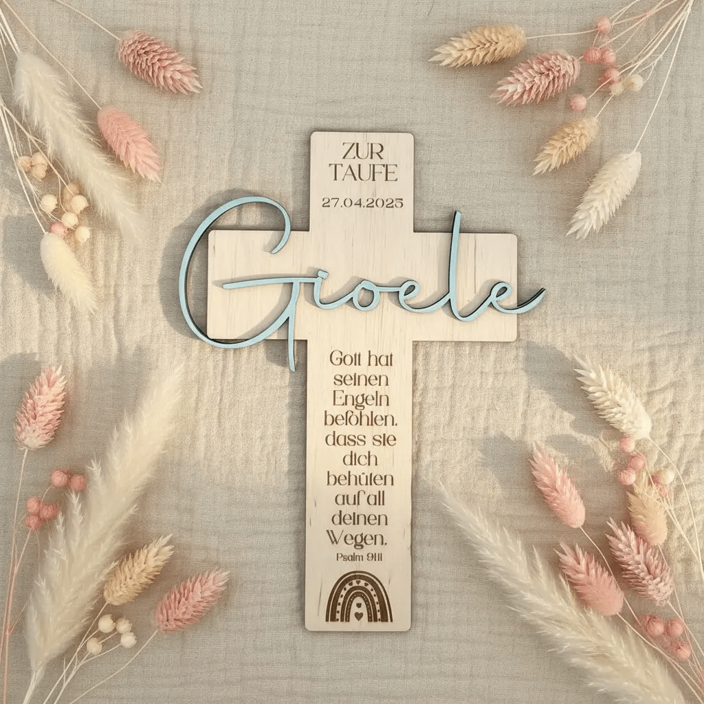 Personalisiertes Taufkreuz aus Holz | Erinnerung an die Taufe - LaserArt Germany