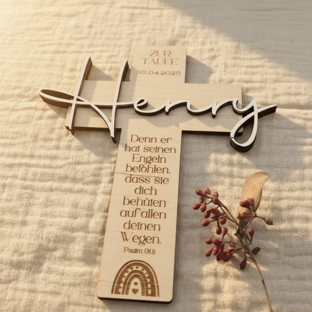 Personalisiertes Taufkreuz aus Holz | Erinnerung an die Taufe - LaserArt Germany