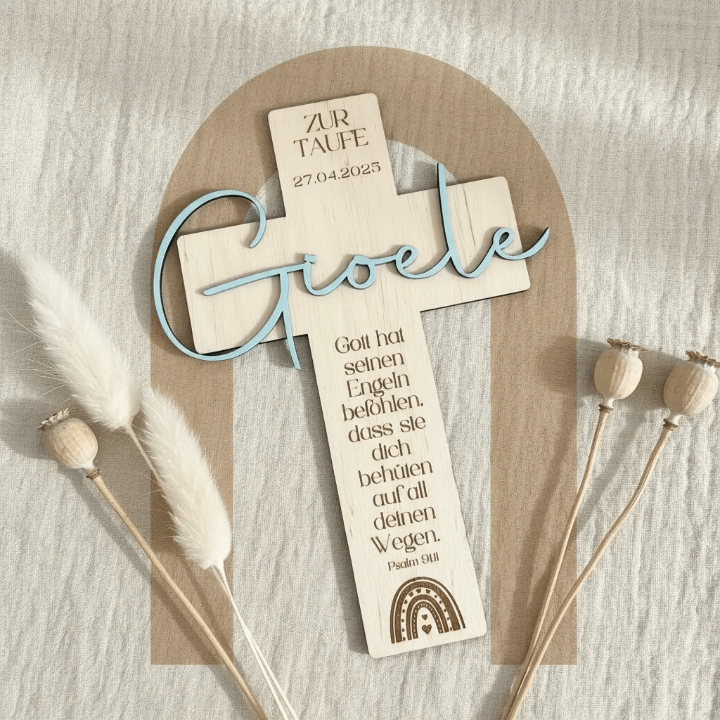 Personalisiertes Taufkreuz aus Holz | Erinnerung an die Taufe - LaserArt Germany
