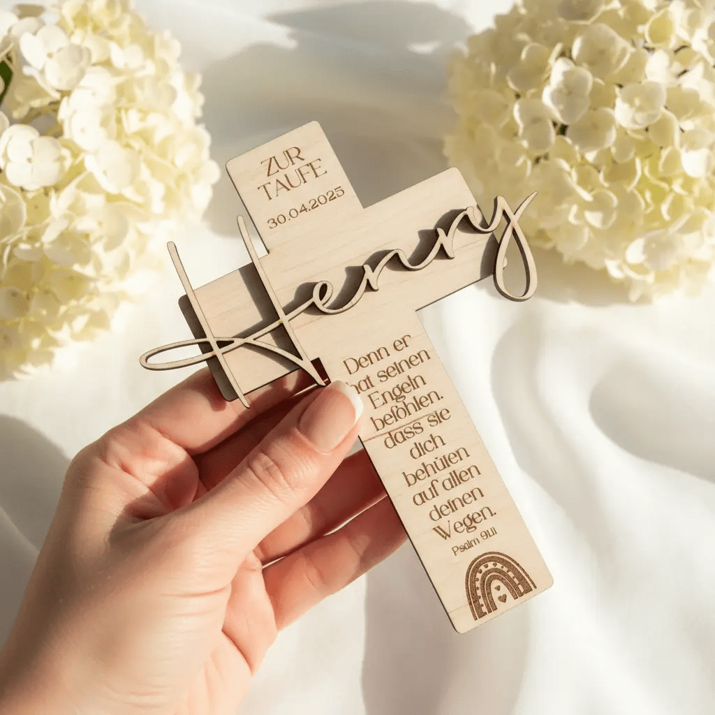 Personalisiertes Taufkreuz aus Holz | Erinnerung an die Taufe - LaserArt Germany