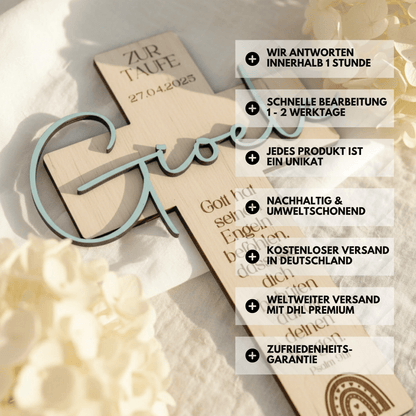 Personalisiertes Taufkreuz aus Holz | Erinnerung an die Taufe - LaserArt Germany