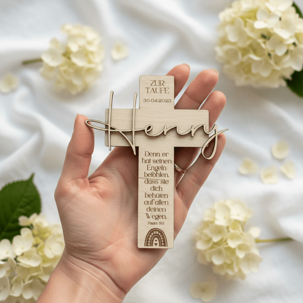 Personalisiertes Taufkreuz aus Holz – Geschenk & Erinnerung - LaserArt Germany