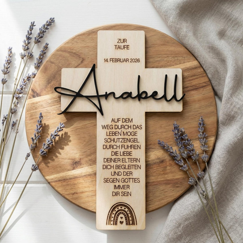 Personalisiertes Taufkreuz aus Holz mit Acryl - Name - LaserArt Germany