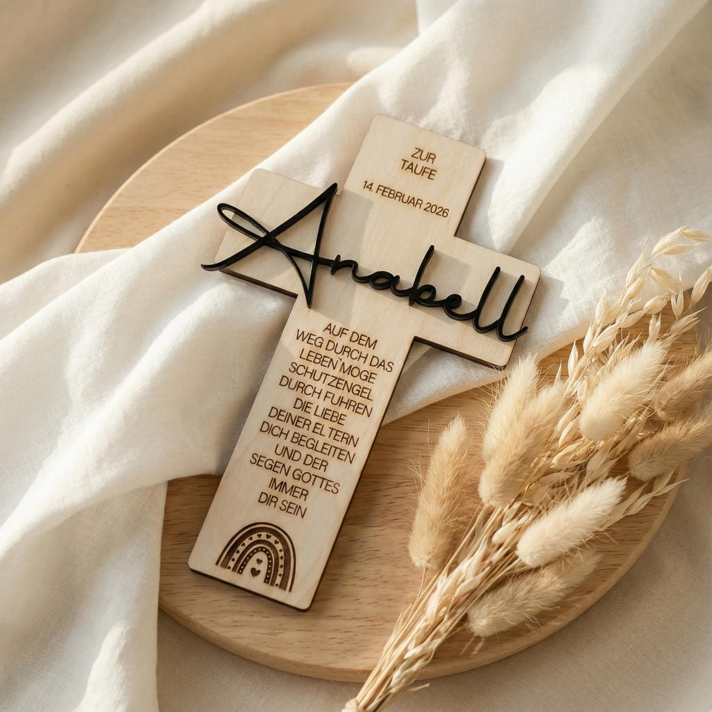 Personalisiertes Taufkreuz aus Holz mit Acryl - Name - LaserArt Germany
