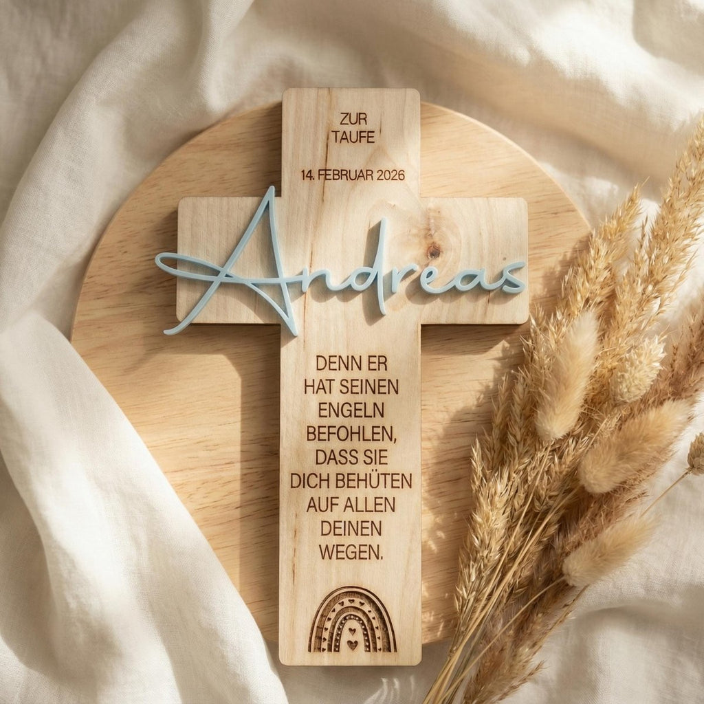 Personalisiertes Taufkreuz aus Holz mit Acryl - Name - LaserArt Germany