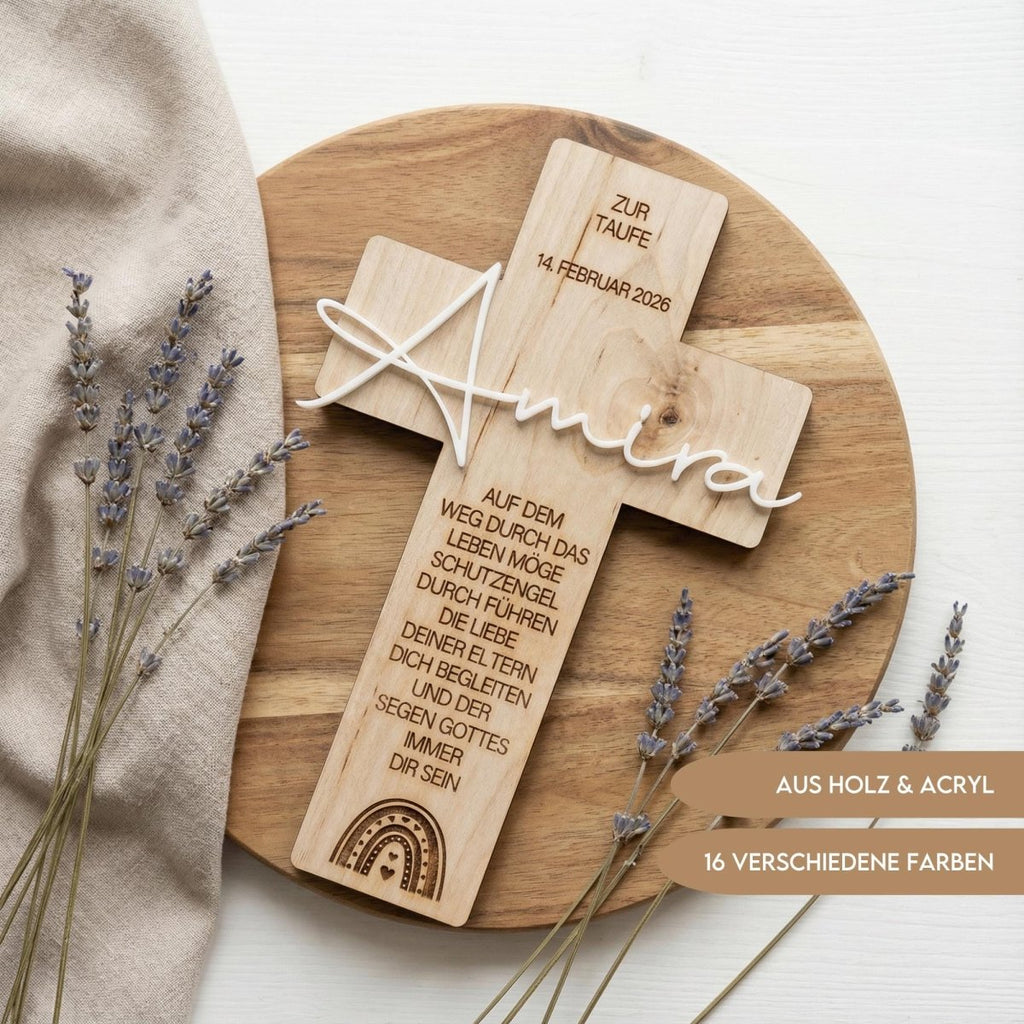 Personalisiertes Taufkreuz aus Holz mit Acryl - Name - LaserArt Germany