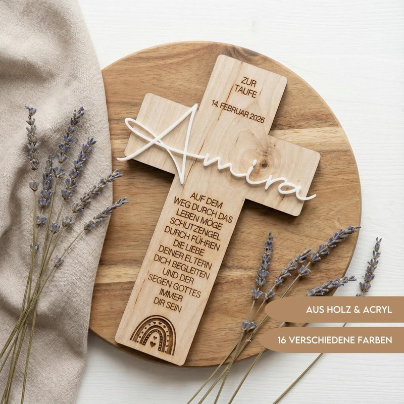 Personalisiertes Taufkreuz aus Holz mit Acryl - Name - LaserArt Germany