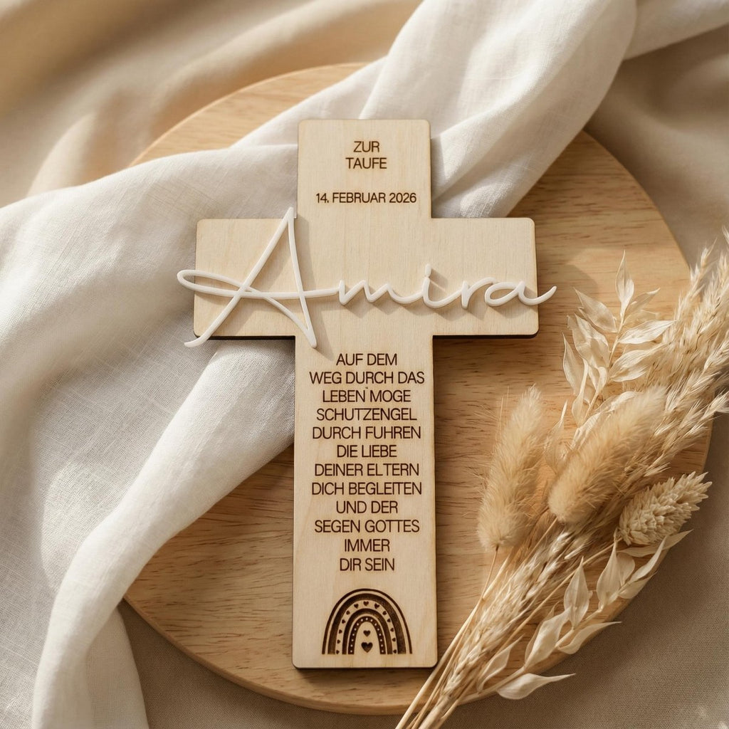Personalisiertes Taufkreuz aus Holz mit Acryl - Name - LaserArt Germany