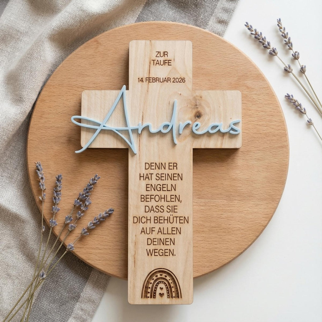 Personalisiertes Taufkreuz aus Holz mit Acryl - Name - LaserArt Germany