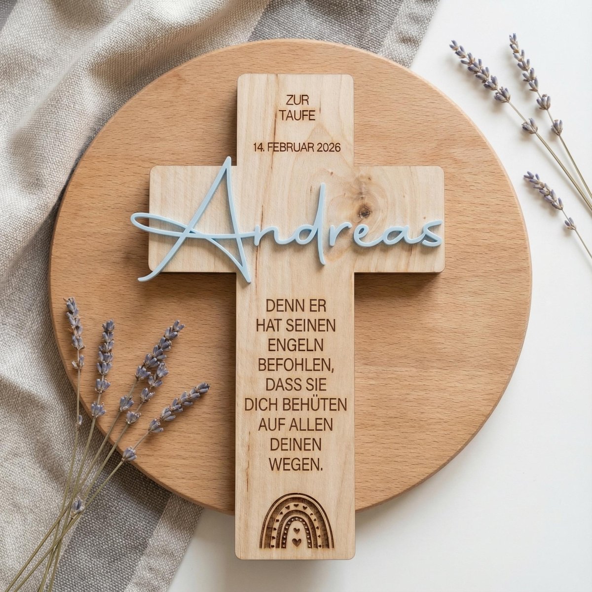 Personalisiertes Taufkreuz aus Holz mit Acryl - Name - LaserArt Germany