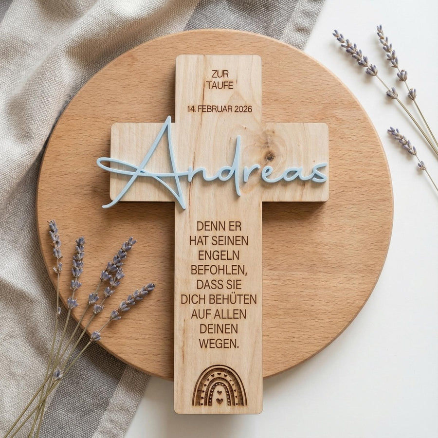Personalisiertes Taufkreuz aus Holz mit Acryl - Name - LaserArt Germany