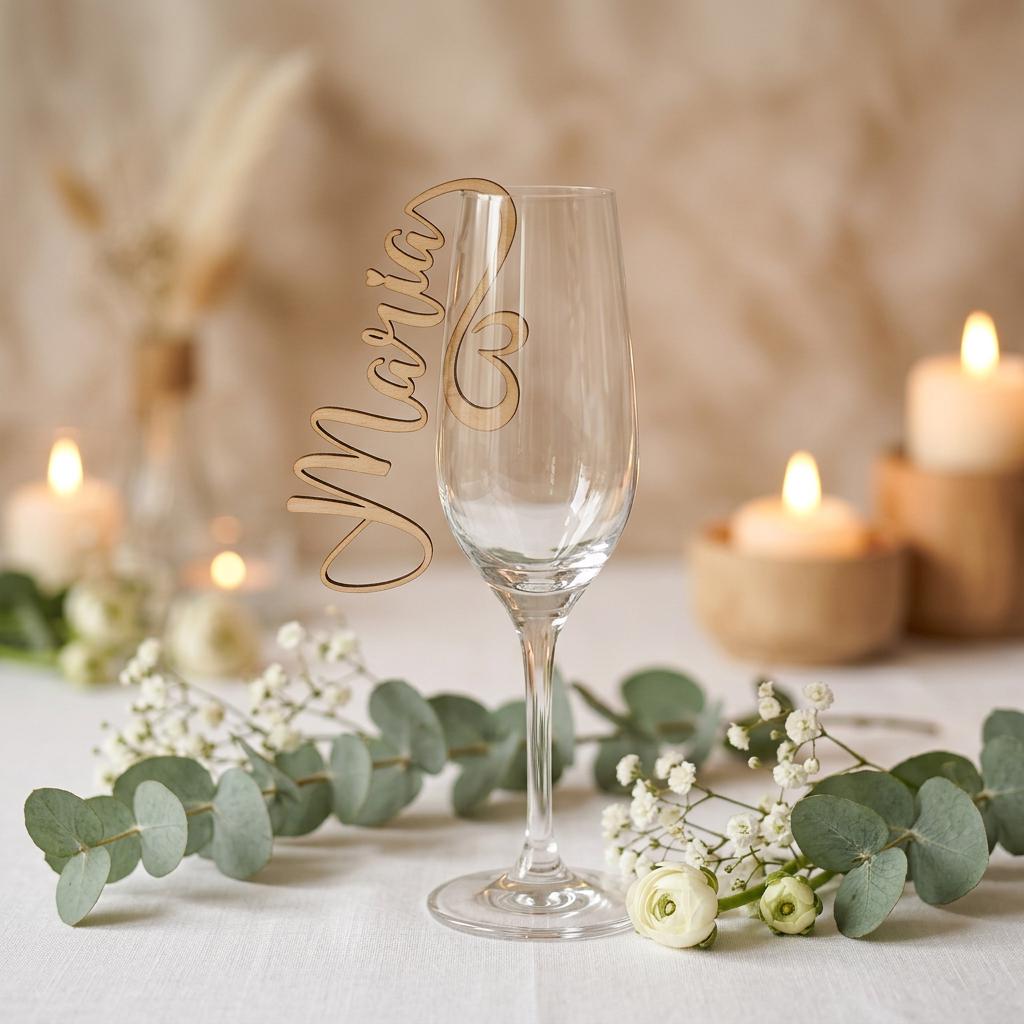 Platzkarte Glas Hochzeit Holz | Namensschild Taufe Kommunion Geburtstag | 4 Designs | personalisiert - LaserArt Germany