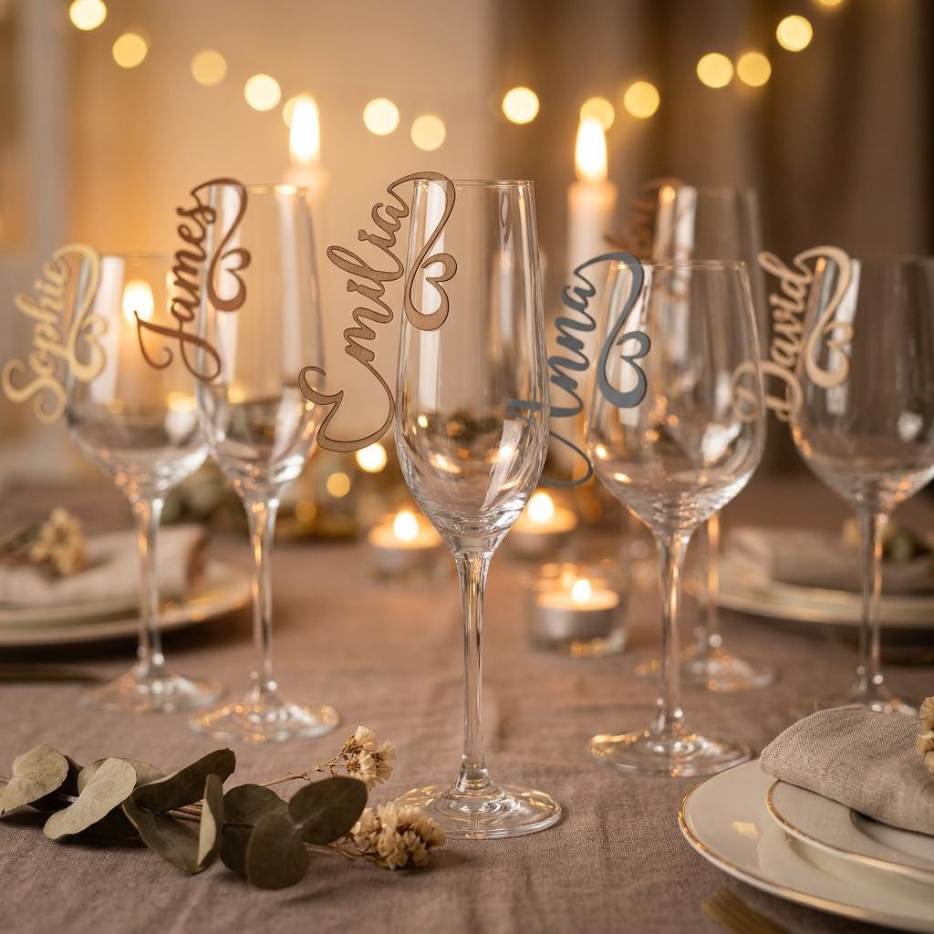 4 Designs Glasplatzkarten Holz – Variante 1 bis 4 für Hochzeit, Taufe, Kommunion