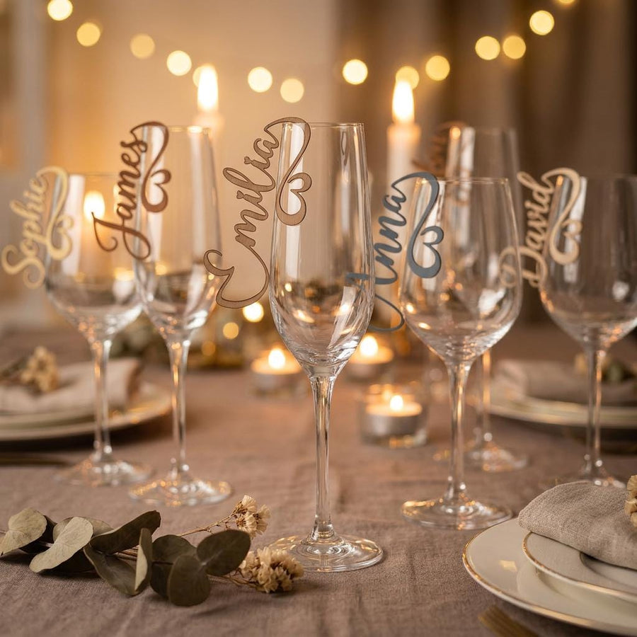 4 Designs Glasplatzkarten Holz – Variante 1 bis 4 für Hochzeit, Taufe, Kommunion