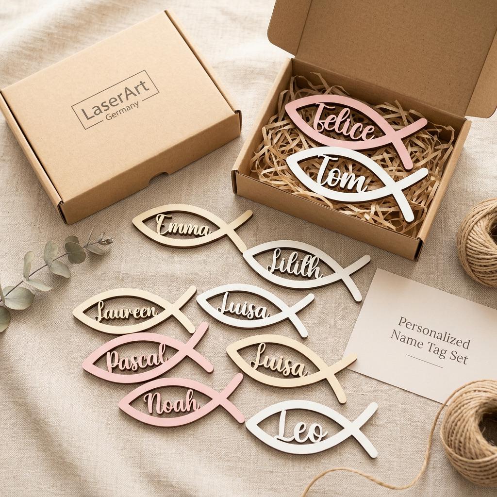 Platzkarte Kommunion Konfirmation Taufe – Namensschild Holz Fisch personalisiert, Birkenholz mit Namen - LaserArt Germany