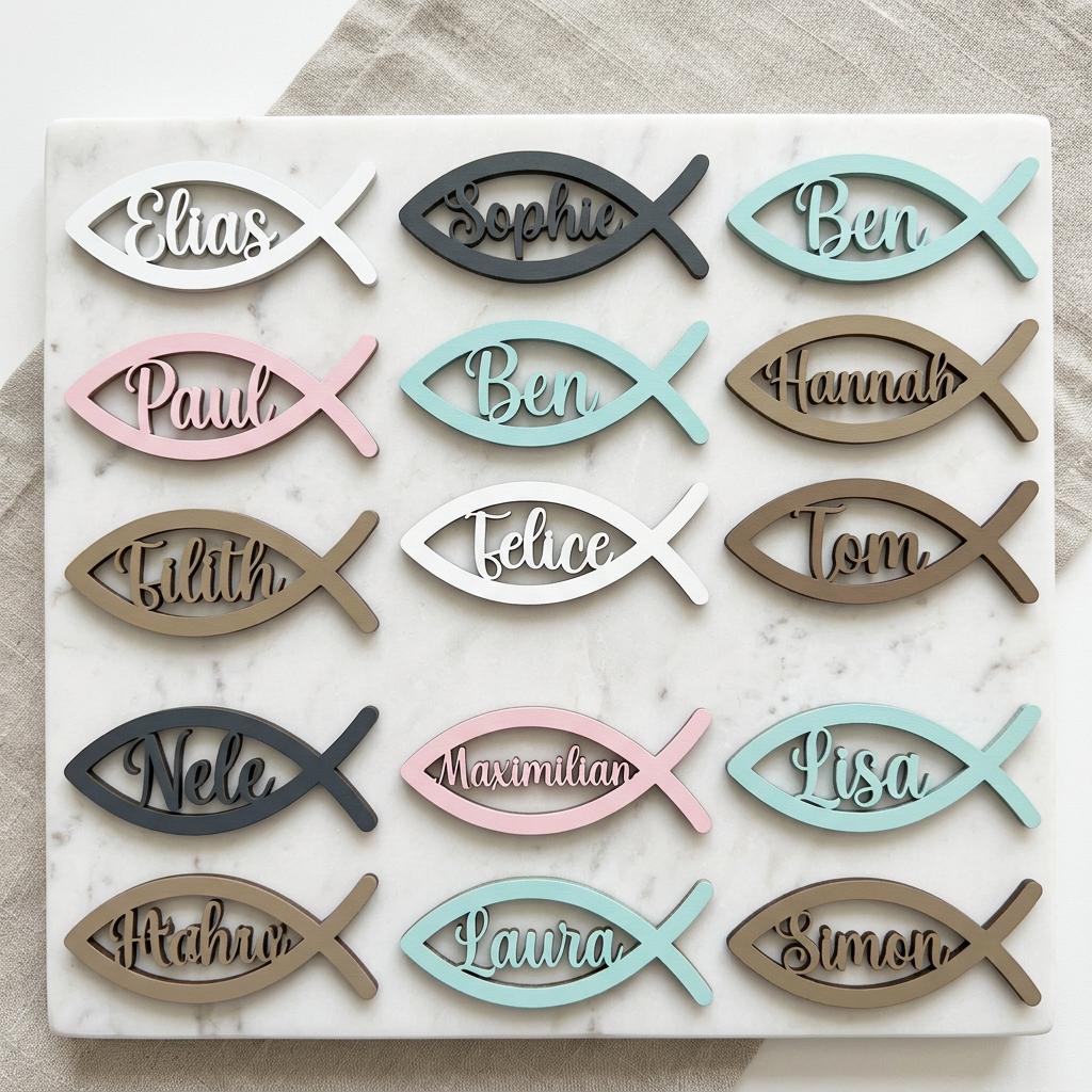 Platzkarte Kommunion Konfirmation Taufe – Namensschild Holz Fisch personalisiert, Birkenholz mit Namen - LaserArt Germany