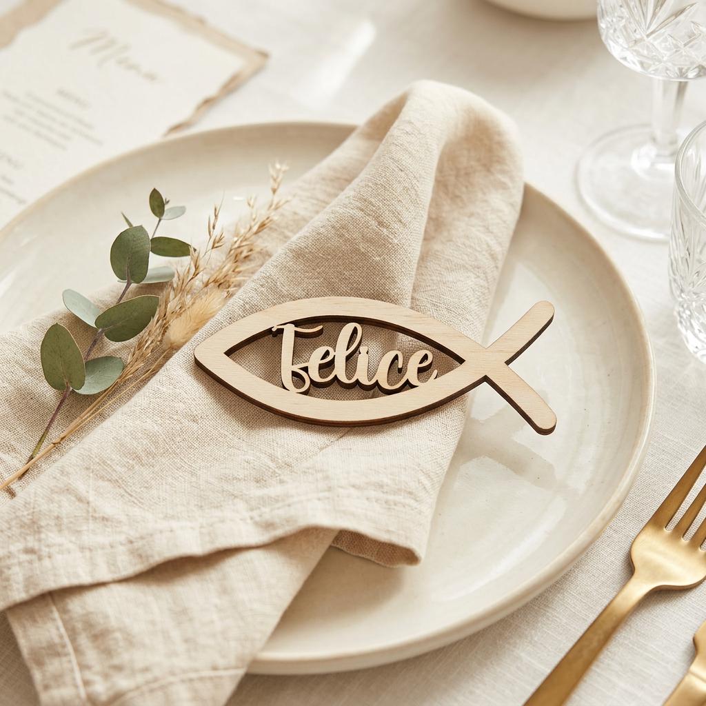 Platzkarte Kommunion Konfirmation Taufe – Namensschild Holz Fisch personalisiert, Birkenholz mit Namen - LaserArt Germany