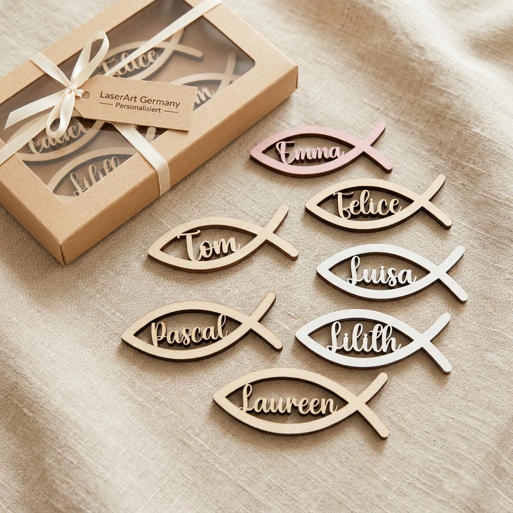 Platzkarte Kommunion Konfirmation Taufe – Namensschild Holz Fisch personalisiert, Birkenholz mit Namen - LaserArt Germany