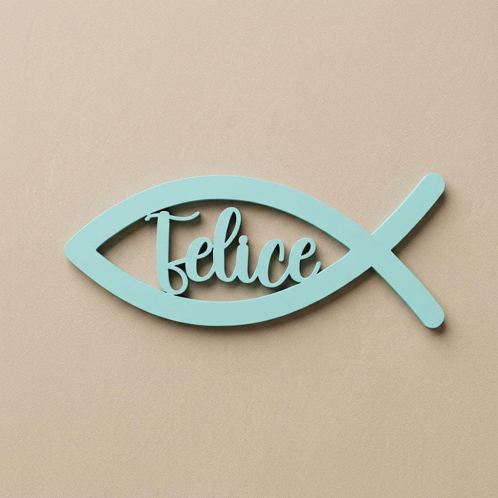 Communion wood name tag – place card fish FSC birch, pastel and metallic colors