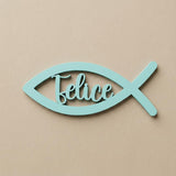 Communion wood name tag – place card fish FSC birch, pastel and metallic colors