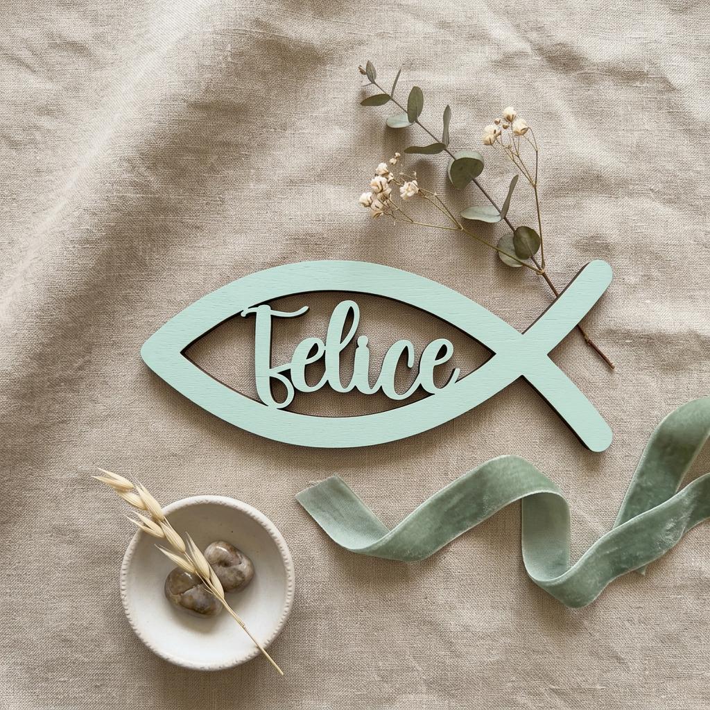 Wood place card Communion – Ichthys fish symbol, 20+ paint colors available