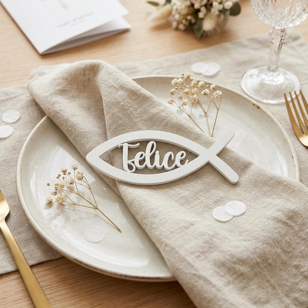 Communion name card wood – fish motif, production time 3–5 business days