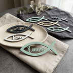 Platzkarte Kommunion Konfirmation Taufe – Namensschild Holz Fisch personalisiert, Birkenholz mit Namen - LaserArt Germany