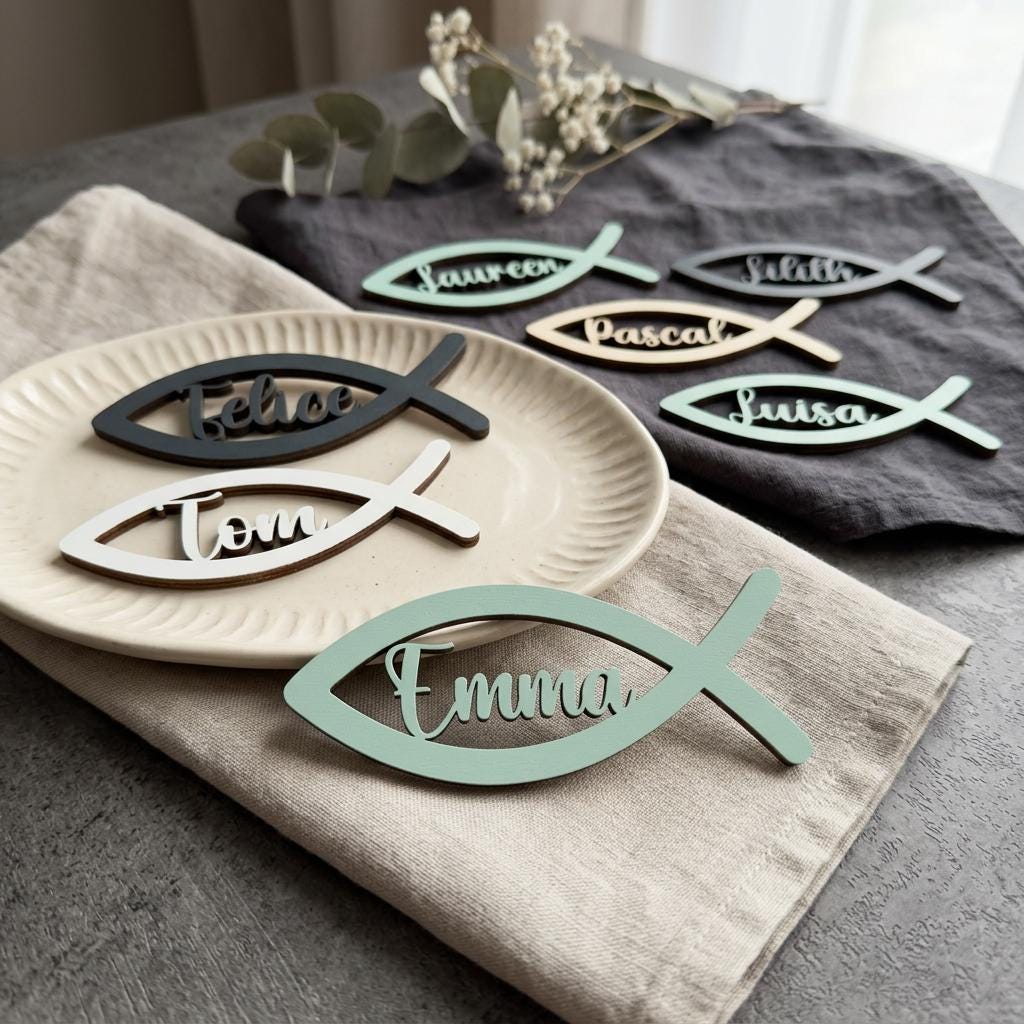 Platzkarte Kommunion Konfirmation Taufe – Namensschild Holz Fisch personalisiert, Birkenholz mit Namen - LaserArt Germany