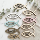 Baptism place card wood fish – personalized, choose from 12 font designs